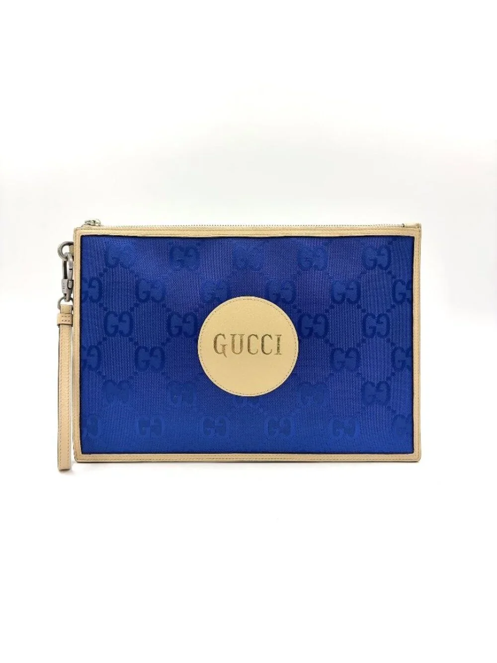 Gucci Off the Grid GG Pattern Leather Nylon Ivory Blue Clutch Silver